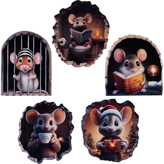 5PCS 3D Mouse Hole Wall Decals Peel and Stick Christmas Funny Whimsical Murals Wallpaper Art Decor Wall Stickers for Kids Room Door Playroom Stair Riser Bathroom Kitchen Nursery
