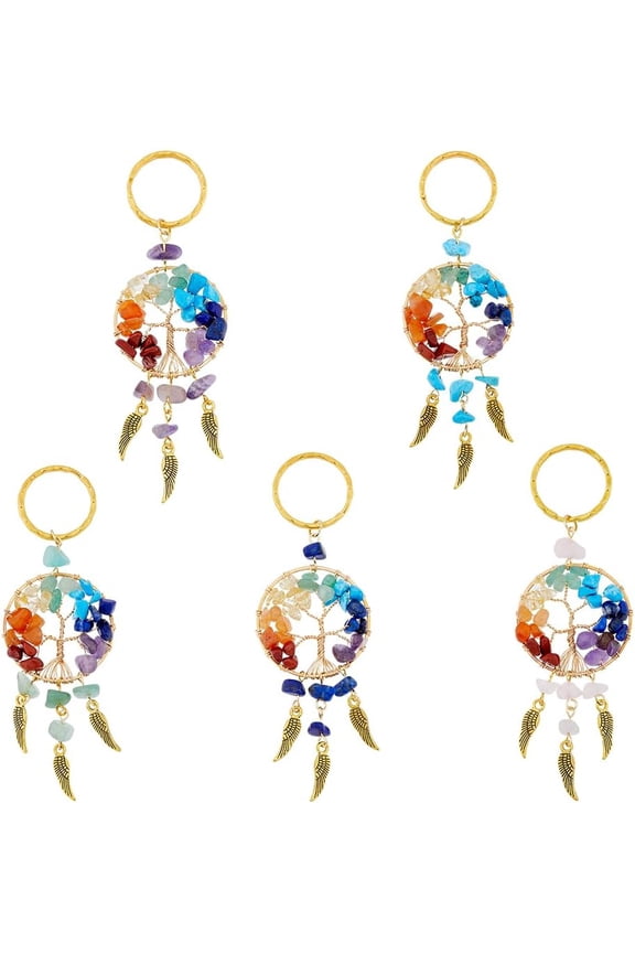5PCS 5 Style Gemstone Keychain Alloy Wing Charms Mixed Gemstone Tree of Life Linking Rings Natural Stone Handmade DIY Keychain Pendant for DIY Lucky Bag Charms Keyring Gold