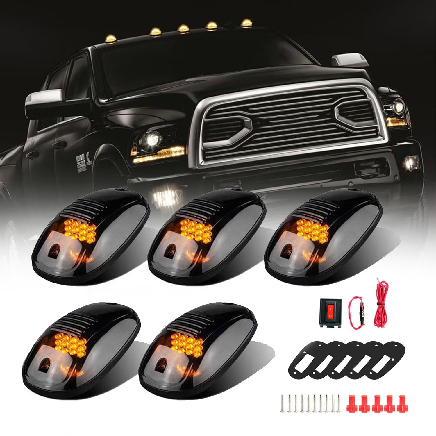 5PCS Amber LED Cab Lights Smoked Cab Roof Running Top Marker Light Compatible for Dodge Ram 1500 2500 3500 4500 5500 2003-2018 Pickup Trucks