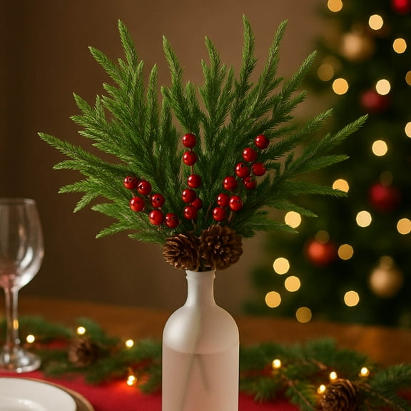 5PCS Artificial Christmas Greenery Stems 18 Inch, Plastic Pine Needle Sprigs for Holiday Decor, Realistic Fake Christmas Tree Branches for Vase Arrangements, Norfolk Pine Style Christmas Decorations