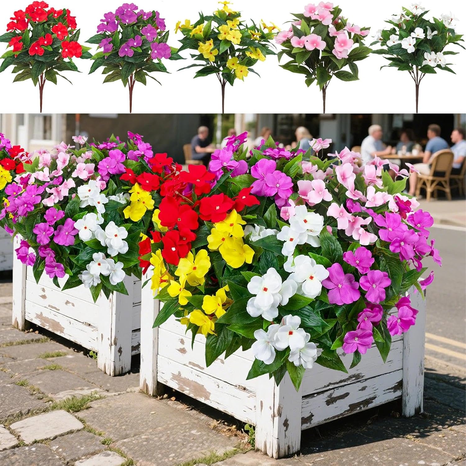5PCS Artificial Impatiens Bouquet Flowers for Outdoors Silk Faux Flowers Fake Planters UV Resistant Summer Indoor Decor Garden Porch Patio Window Balcony (Mix Pink Red Purple Yellow White)