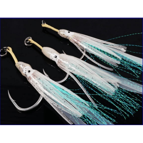5PCS Assist Hooks Skirt Squid Hook Glow Rubber Jigging Fishing Lure Saltwater