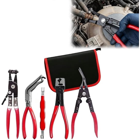 5PCS Automotive Electrical Disconnect Pliers Kit, Connector & Terminal Removal Tool Set with Hose Clamp Pliers, Trim Clip Remover for Car Fuel Line, Sensor & Wiring Harness (Red 1Set)