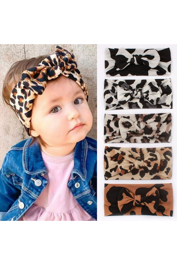 5PCS Baby Girls Soft Wide Leopard Hair Turban Head Wraps Kids Stretchy Knotted Bows Headband for Children Hair Accessories Infant Headwraps