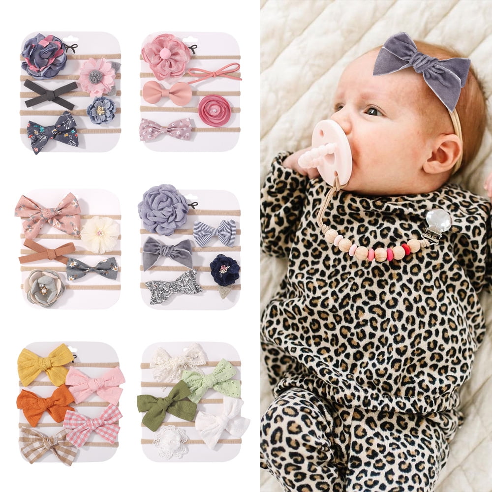 5PCS Baby Headbands and Bows Hairbands Soft Nylon Elastics Handmade ...