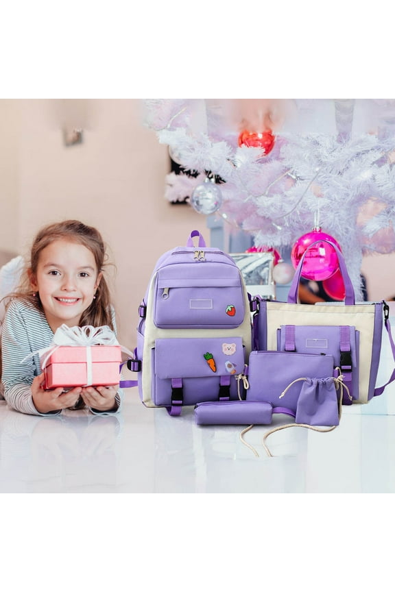 5PCS Backpack Set, Cute Bear Pattern Storage Bag with Accessories, Large Capacity Lightweight Clean Easily, Messenger Bag Beam Bag Pencil Case Backpack Set(Purple)