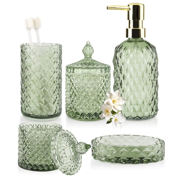 5PCS Bathroom Glass Soap Dispenser Set, Includes 2 Cotton Swab Jars, Cup, Soap Dish, Soap Dispenser, Bathroom Accessories, Green