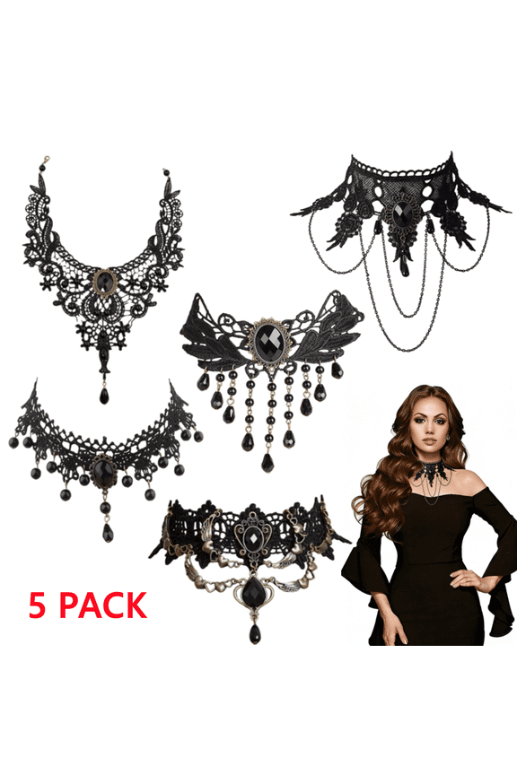 5PCS Black Gothic Lace Choker Necklace Set for Women Adjustable Lace Collar Necklace Goth Jewelry Halloween Cosplay