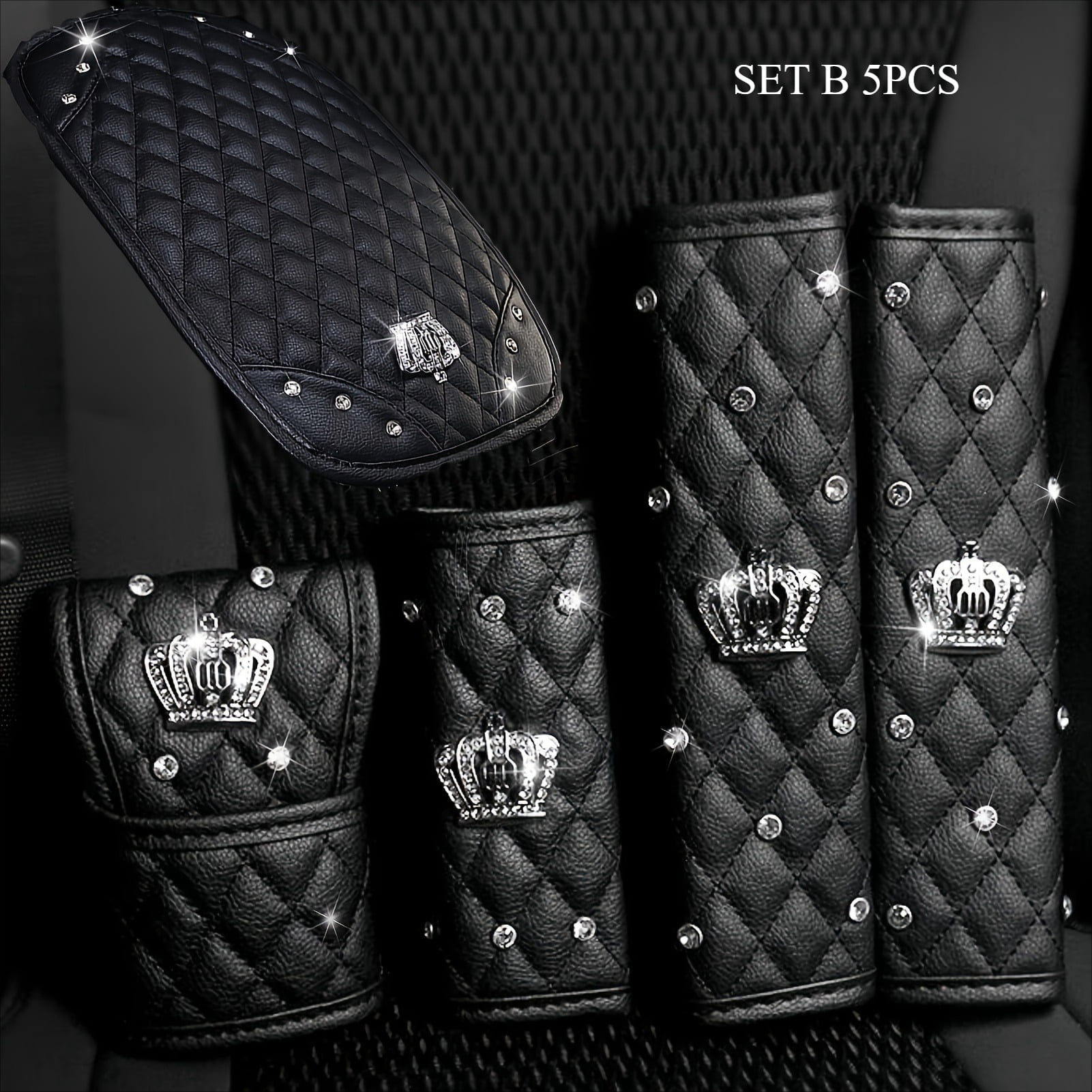 5PCS Bling Car Interior Accessories Set for Women – Sparkling Crown Seat Belt Shoulder Pads, Center Console Armrest Cover, Gear Shift Knob Cover, Handbrake Cover – Universal Fit for Most Vehicles