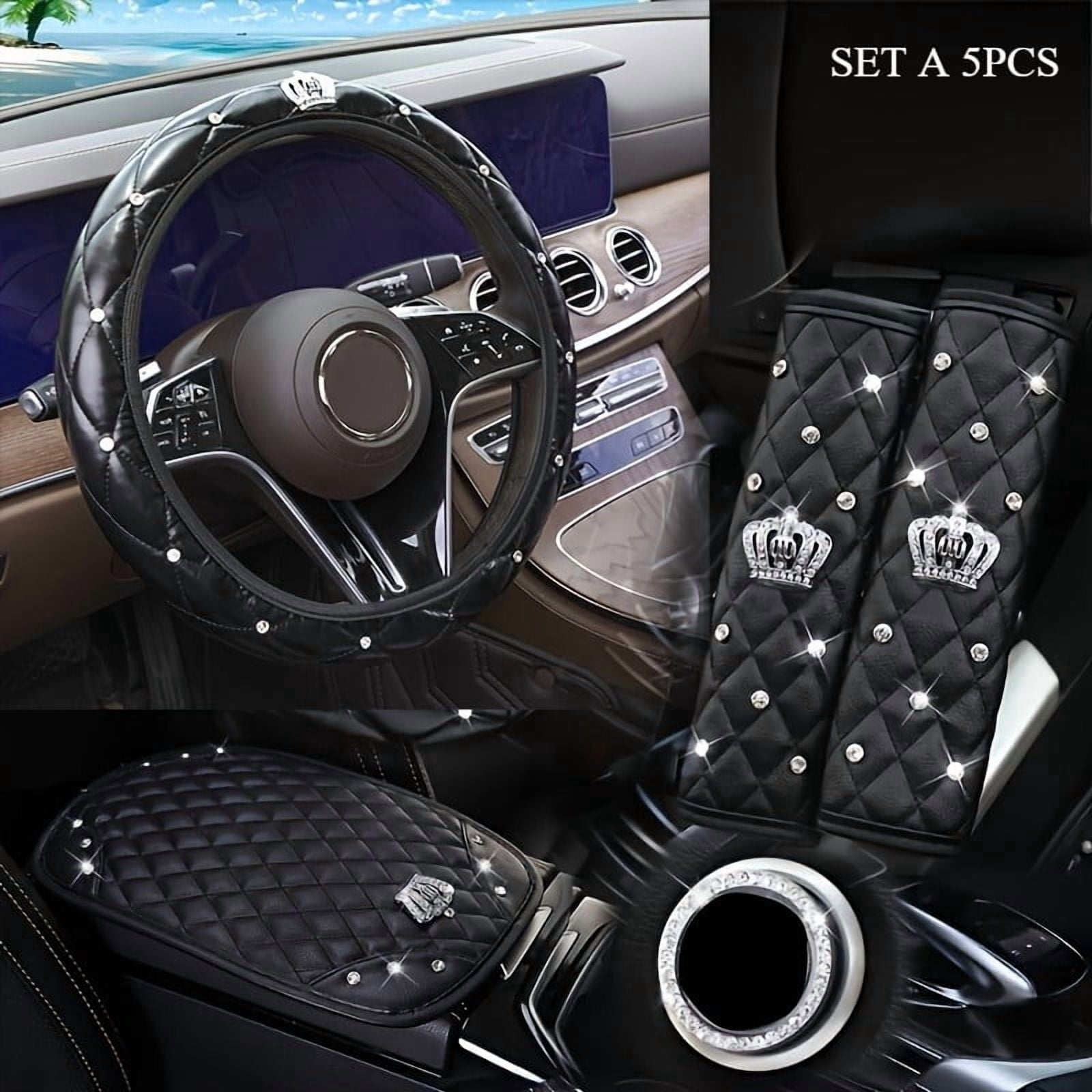 5PCS Bling Car Interior Accessories Set for Women – Sparkling Crown Seat Belt Shoulder Pads, Center Console Armrest Cover, Gear Shift Knob Cover, Handbrake Cover – Universal Fit for Most Vehicles