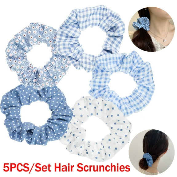 5PCS Blue Plaid Hair Scrunchies for Women, Elastic Bandana Scrunchy Hair Ties for Women Girls