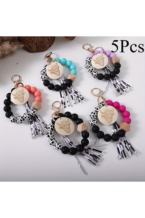 5PCS Boho Beaded Bracelet Keychain with Wooden Cow Skull Pendant & Tassel, Western Cowboy Style Lightweight Wristlet Key Ring for Car Keys, Wallets, Bags, Gifts for Women & Daily Use, Christmas Gifts