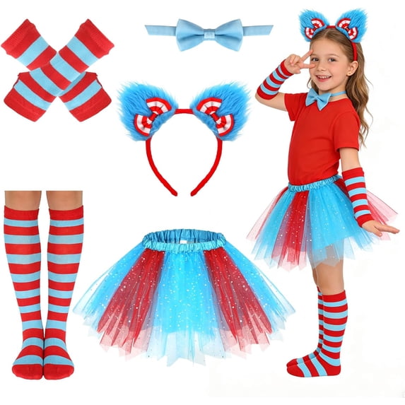 5PCS Book Character Costumes for Kids Girls, Thing Costume with Red Blue Tutu Fuzzy Headband Bow Tie High Socks and Gloves for Halloween Reading Week Birthday and Cosplay Prty