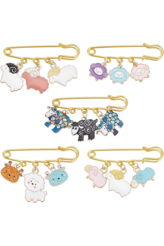 5PCS Brooches Safety Pins 5 Styles Alloy Enamel Brooches with Sheep Charms Sweater Shawl Pins Decorative Safety Pins for Women Clothing Accessories Mixed Color