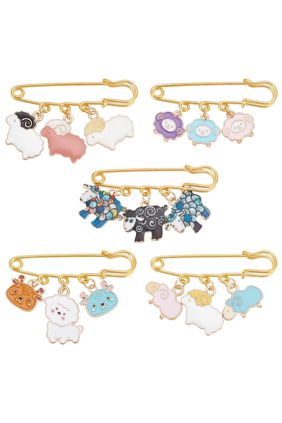 5PCS Brooches Safety Pins 5 Styles Alloy Enamel Brooches with Sheep Charms Sweater Shawl Pins Decorative Safety Pins for Clothing Accessories