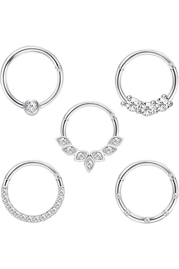 5PCS CZ Sparkle Hinged Clicker Rings, 16G Stainless Steel Cartilage Earrings Set, Multi Use Hoop Jewelry for Daith Septum Nose Helix, Everyday Wear Gift for Women Men