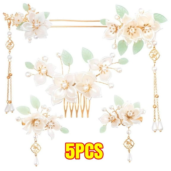 5PCS Camellia Flower Tassels Hairpin, Crystal Rhinestone Pearl Hair Clips Headpiece Retro Chinese Hanfu Wedding Brides Hair Accessories Korean Jewelry for Women Girls Updo Long Hair