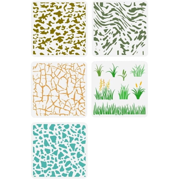 5PCS Camouflage Painting Stencils 11.8x11.8 inch Reusable Camo Pattern Templates Plastic PET Grass Crack Stencils for Painting Daily Theme Templates for Wall Furniture Floor Decoration Multi-color
