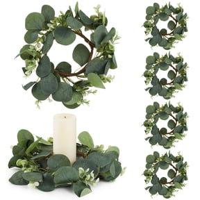 5PCS Candle Rings, 10" Artificial Eucalyptus Candle Wreaths, Silk Greenery Candle Holder Decors, Farmhouse Pillar Candle Garlands, Faux Leaf Centerpieces for Wedding, Party, Home, Office Decor