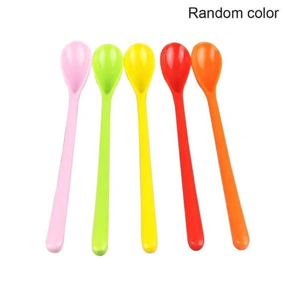 5PCS Candy Color Plastic Long Handle Stirring Coffee Tea Dessert Spoons, 7.5" Mixing Flatware, Random Color