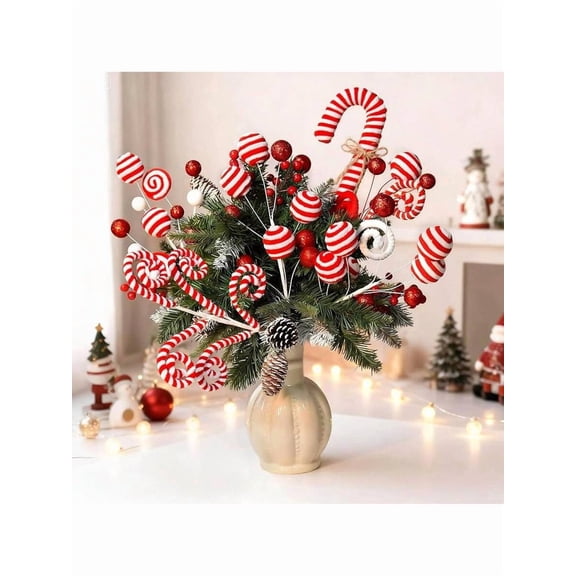 5PCS Candyland Christmas Tree Picks - Red & White Glitter Curly Lollipop/Candy Cane Toppers (Holiday Wreath/Vase/Party Decor for Halloween/Christmas/New Year 2026)