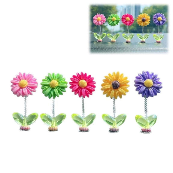 5PCS Car Dashboard Flower Ornament, Mini Bobble Flowers with Metal Spring and Adhesive Base for Car Desk Decor