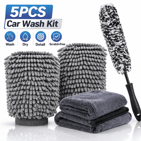 5PCS Car Wash Kit, Microfiber Chenille Wash Mitts (2 Pack) with Drying Towels (2 Pack) & Wheel Rim Brush, Scratch-Free Auto Detailing Cleaning Supplies