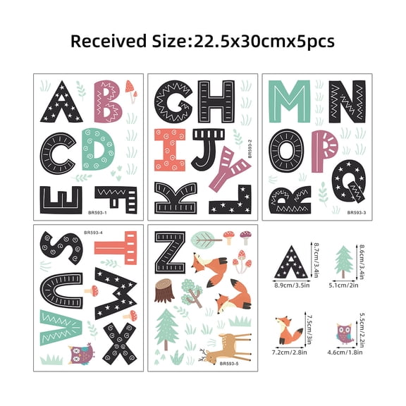 5PCS Cartoon Creative ABC Letter Animal Wall Stickers Children's Room Living Room Classroom Wall Decoration Stickers BR593
