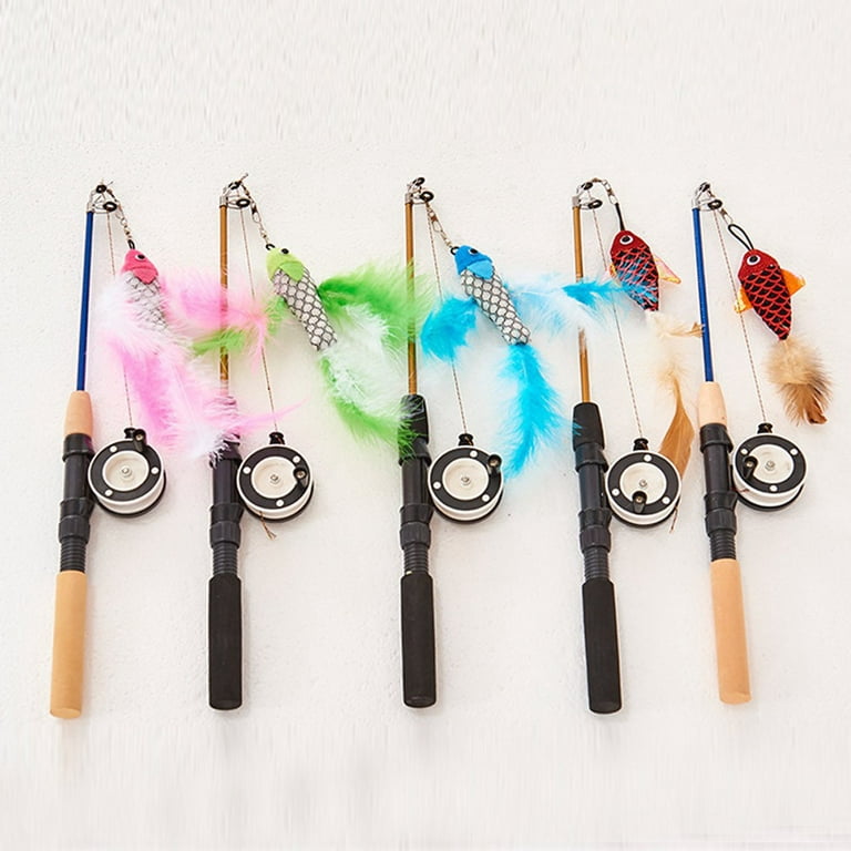 5PCS Cat Toys Fish Shape Telescopic Feathers Cat Stick Simulation Fishing  Rod Kitten Funny Playing Toy Cat Interactive Wand Toy, Random Color 