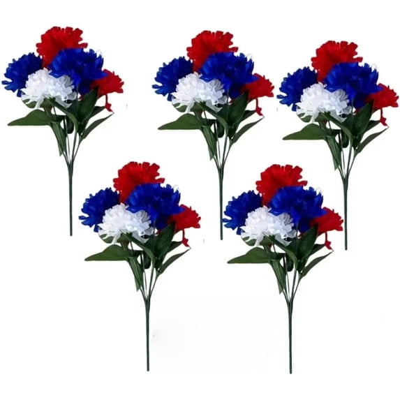 5PCS Cemetery Flowers for Grave 7 Heads Artificial Red Blue White Lilac Patriotic Silk Memorial Day Flowers for Cemetery Veterans Day 4th of July Decoration Independence Day Table Centerpiece