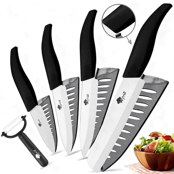 MYVIT Ceramic Knife Set for Kitchen,Serrated Paring Knife with Covers 4 Pack Fruit Vegetable Knifes,Rust Proof Ceramic Blade (6" Bread,5" Utility, 4" Fruit,3" Peeling,One Peeler)