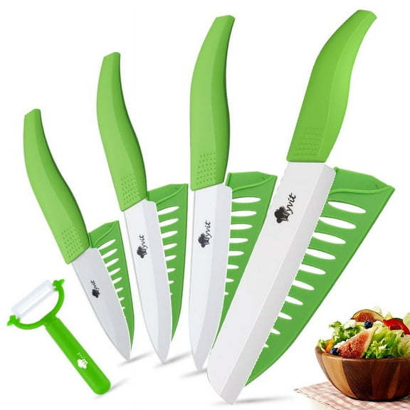 5PCS Ceramic Knives Set Serrated Paring Knife with Covers 4 Pack Fruit Knifes , Sharp Rust Proof Stain Resistant (6" Bread Knife,5" Utility Knife, 4" Fruit Knife,3" Peeling Knife,One Peeler)