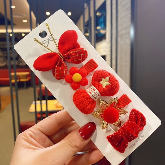 5PCS Chinese New Year Red Hair Clips, Chinese Style Baby Girls Hairy Barrettes Hair Pins, Bow Decor for Spring Festival Christmas