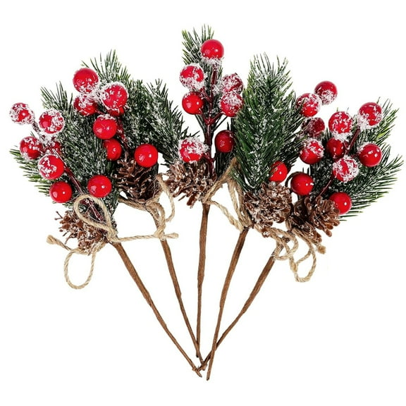 5PCS Christmas Berries Red Stems, Evergreen Pine Branches, Snow Flocked Red Holly Berry Pine Cone Floral Sprays Decoration, Winter Holiday Floral Picks