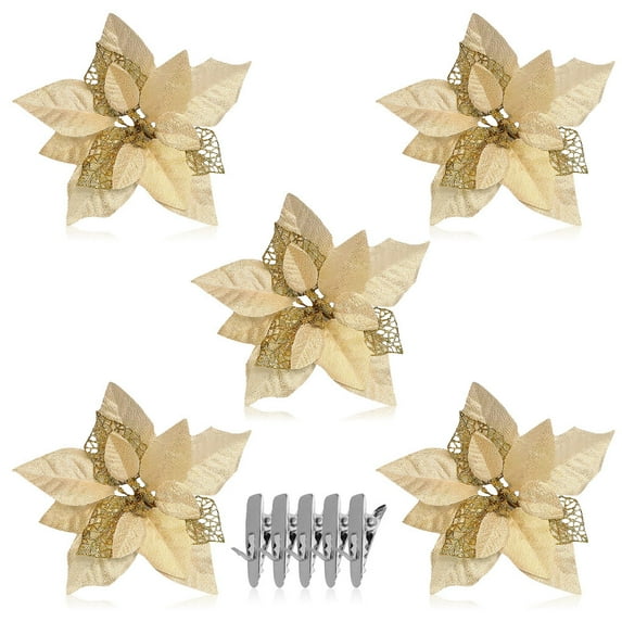 5PCS Christmas Flower Simulation Gold Powder Flower Xmas Tree Decoration Flower Golden Powder Flower Silver Red DROPSHIPPING
