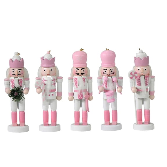 5PCS Christmas Nut-cracker Ornaments, 5" Wooden Nut-cracker Figures Small Pink Soldier Pendant Christmas Hanging Decoration Set for Xmas Tree, Table Decor Holiday Party Supplies