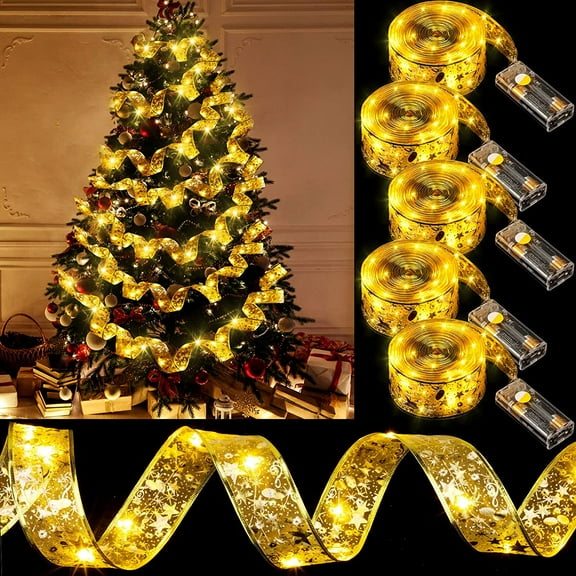 5PCS Christmas Ribbon Lights Christmas Fairy Strings Lights Battery Operated for Christmas Tree Home Garden Weddings New Year Party Decor,6.5FT/Each