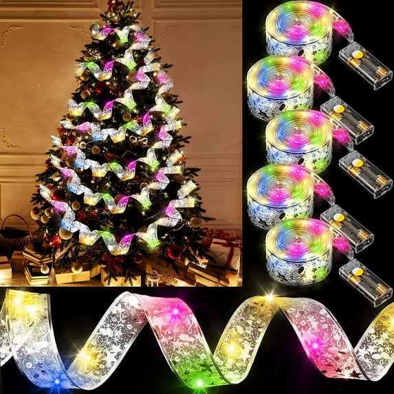 5PCS Christmas Ribbon Lights Christmas Fairy Strings Lights Battery Operated for Christmas Tree Home Garden Weddings New Year Party Decor,6.5FT/Each