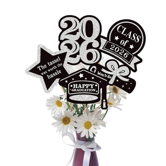 5PCS Class of 2026 Graduation Vase Picks, Glittery Centerpiece Sticks for Graduation Party Table Decor and Cake Toppers G