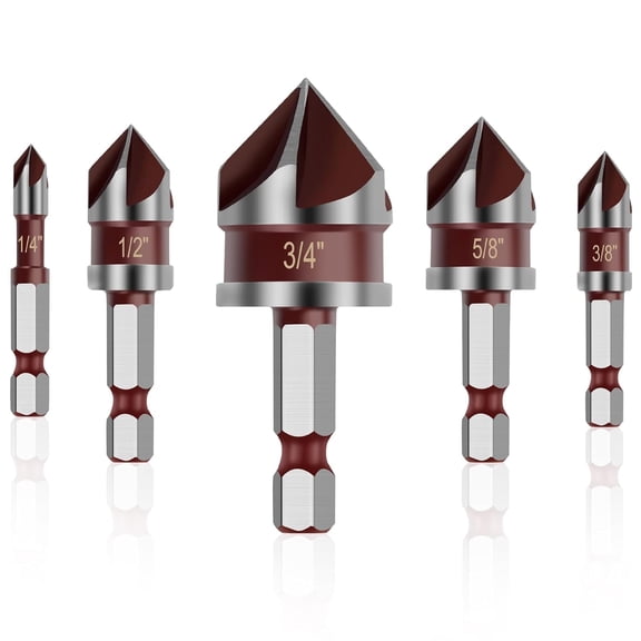 5PCS Countersink Drill Bit Set, 82 Degree HSS Counter Sink Drill Bit, 5 Flutes 1/4"-3/4" with 1/4 Inch Quick-Change Hex Shank Counter Sink Drill Bits
