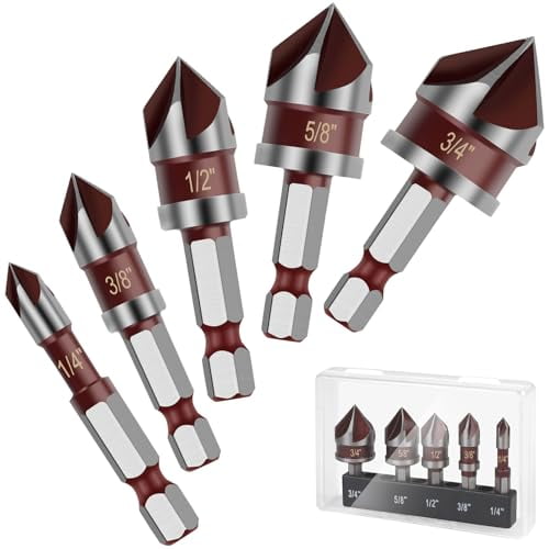 5PCS Countersink Drill Bit Set, 82 Degree HSS Counter Sink Drill Bits for Wood, Metal, Plastic, 1/4"-3/4" with 1/4" Hex Shank Countersink Bit Set$$Tools & Hardware Other