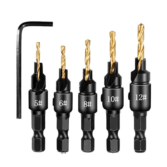 5PCS Countersink Drill Bit Set,Precision 82-Degree Chamfer Drill Bits with Adjustable Depth Control,M2 High-Speed Steel Multi-Purpose Bits for Wood,Plastic,Plywood,and PVC Drilling-Gold