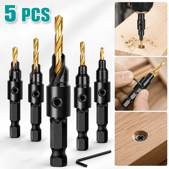 5PCS Countersink Drill Bit Set, Professional Brocas para Madera - Adjustable Wooden Drill Bit Set, Used for Wood Countersink Drill Bit with Depth Stop