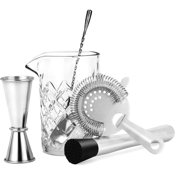 5PCS Crystal Cocktail Mixing Glass Set 18.6oz Bartender kit Cocktail Mixing Set Glass with Spoon, 1/2oz Jigger, Strainer and Muddler for Home Bar Party