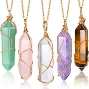 VORKOI 5PCS Crystal Necklaces, Healing Stones Spiritual Pendant Natural Gemstone Jewelry with Adjustable Chain for Women Girls