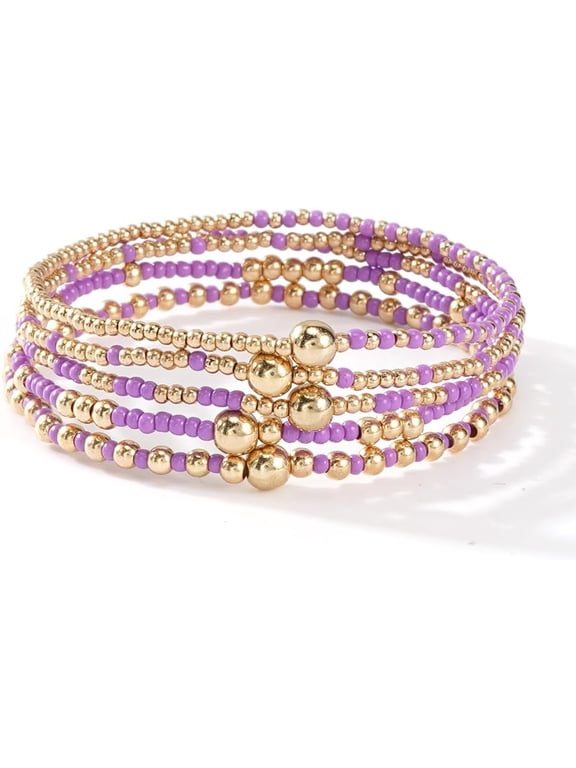 5PCS Dainty Gold Beaded Stack Bracelets for Women,Handmade Boho Colorful Beads Ball Stackable Bracelets Fashion Jewelry Accessories Gift Friendship