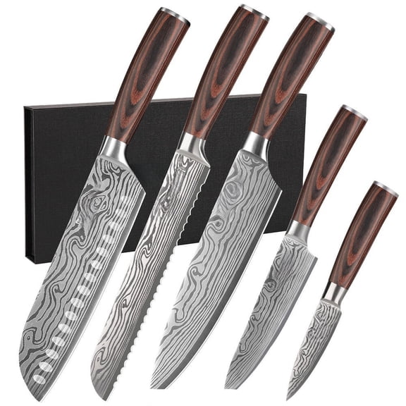 5PCS Damascus-Pattern Stainless Steel Chef Knife Set 4Cr14MoV Premium Designer