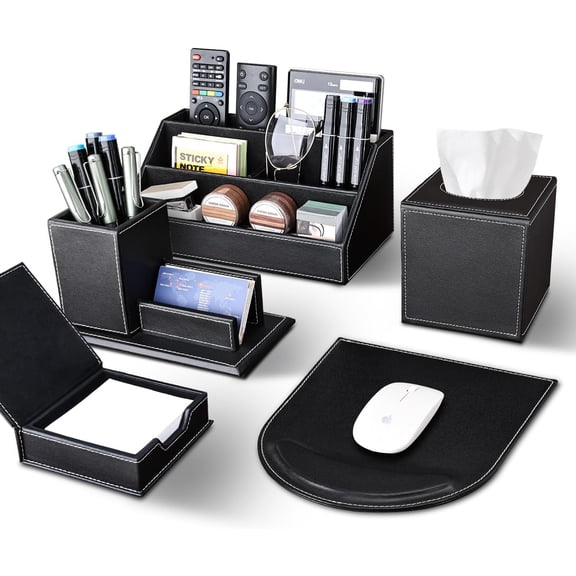 5PCS Desk Organizer and Accessories Set, Pu Leather Office Supplies with Multifunction Desktop Organizer Storage Box, Tissue Holder, Mouse Pad, Note Paper Holder, Pencil Holder for Desk Brown