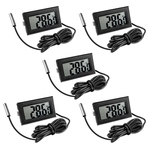 5PCS Digital Thermometer with External Probe, LCD Temperature Monitor -50°C to 110°C, Compact Sensor for Aquarium, Refrigerator, -Freezer, Baby Bath(Black)