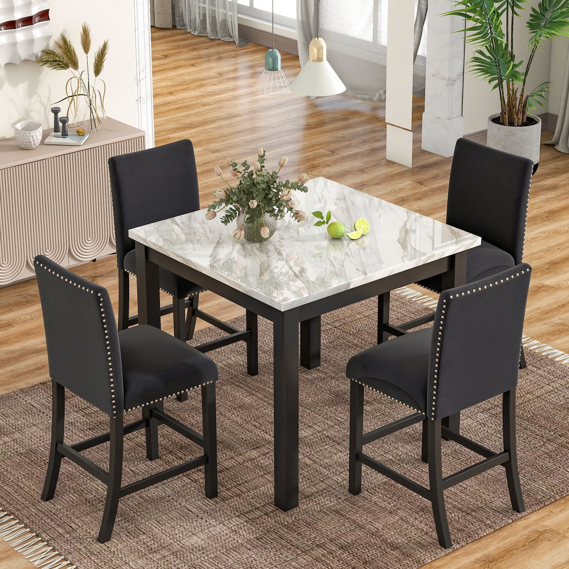 5PCS Dining Table Set, Counter Height Dining Table Set with 1 Faux Marble Dining Table and 4 ...